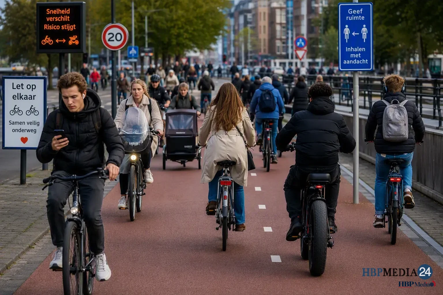 Drukke fietspaden met fietsers, e-bikes en fatbikes zorgen voor meer risico's door afleiding en snelheidsverschillen.