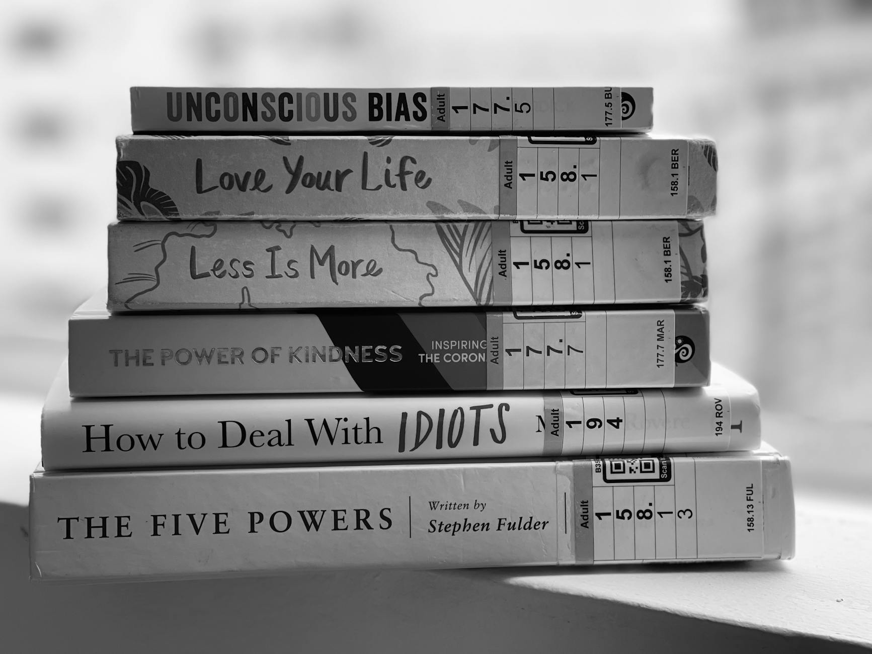 grayscale photo of stack of books