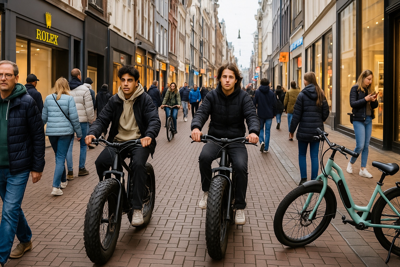 Fatbikes en e-bikes in drukke Amsterdamse binnenstad