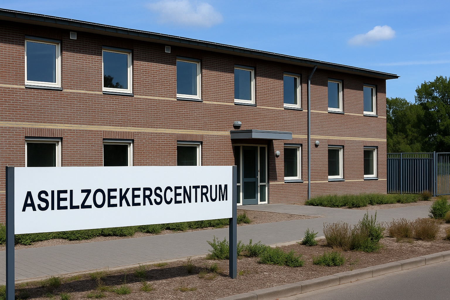 Asielzoekerscentrum met hoofdgebouw, toegangspad en hekwerk op een heldere dag.