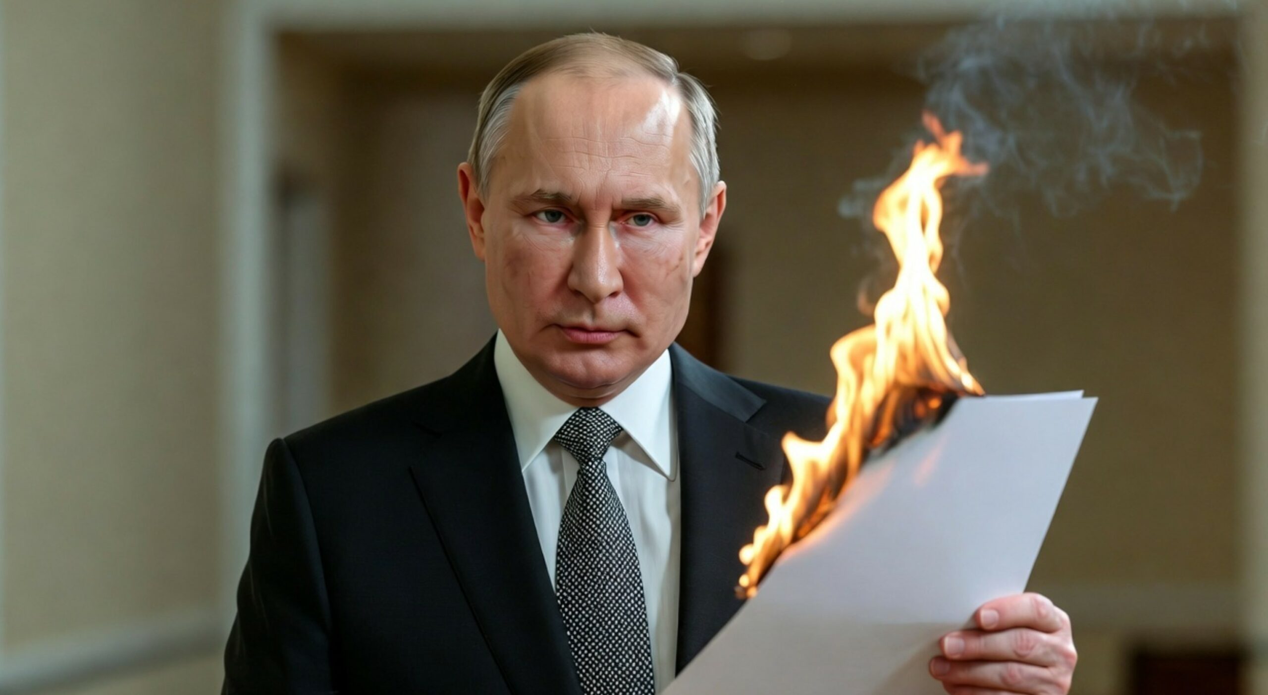 Russische president Poetin tijdens een persmoment, met op de achtergrond de vlaggen van Rusland, Oekraïne en de NAVO als symbool voor het geschonden recht op vrije bondgenootschapskeuze.