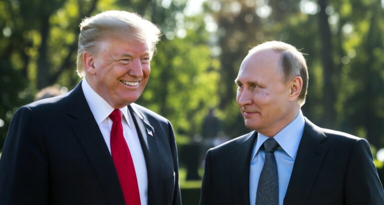 Een illustratie van de Amerikaanse en Europese vlaggen die van elkaar wegscheuren, met het Kremlin op de achtergrond.