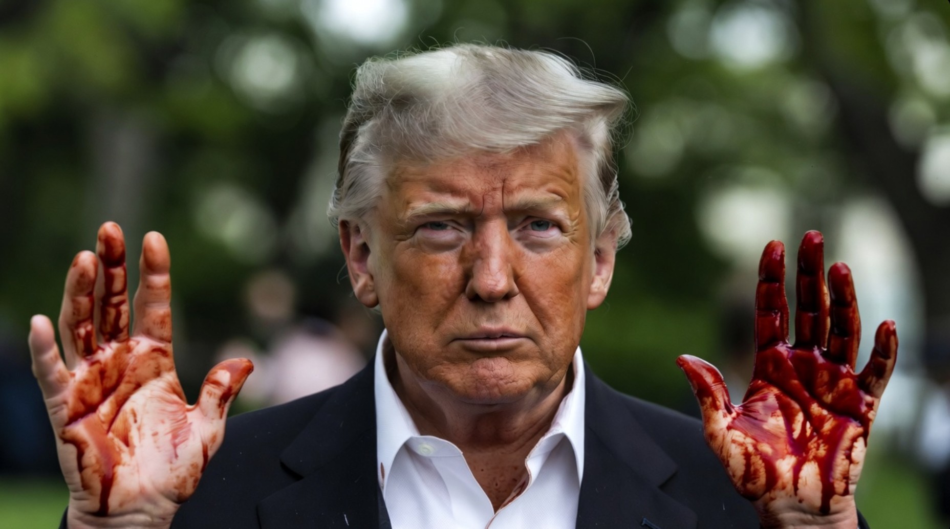 Donald Trump tijdens een politieke toespraak met Amerikaanse vlag op de achtergrond