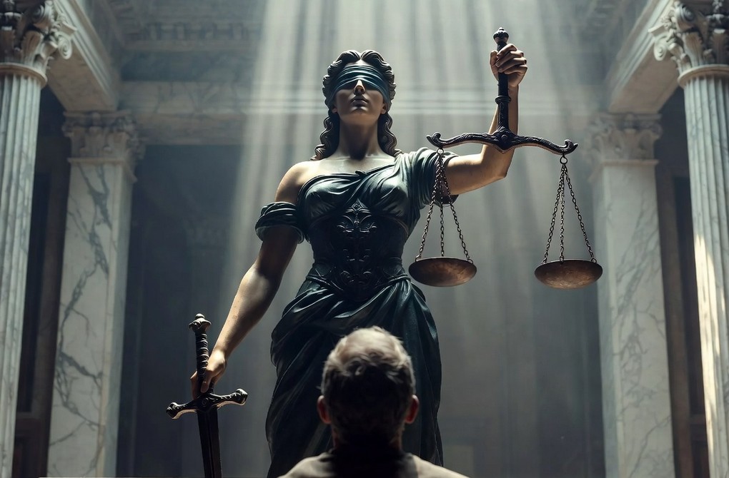 De weegschaal van Vrouwe Justitia voor het gerechtsgebouw in Den Haag bij een cold case uitspraak