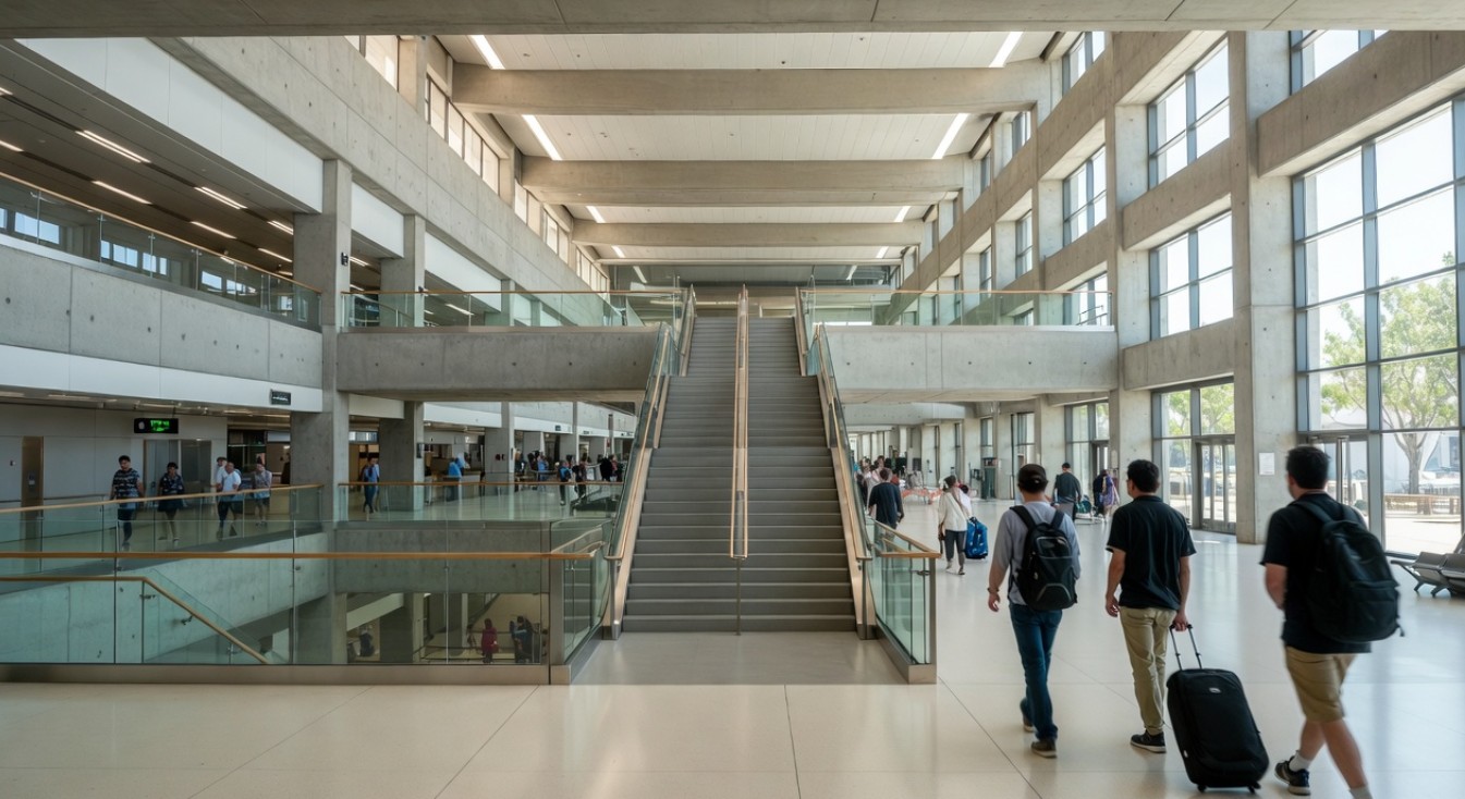 Reizigers wachten in een lange rij bij een veiligheidscontrole op een Amerikaanse luchthaven.