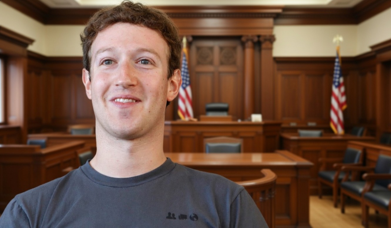 Logo van Meta op een smartphone scherm met een hamer van een rechter op de achtergrond.