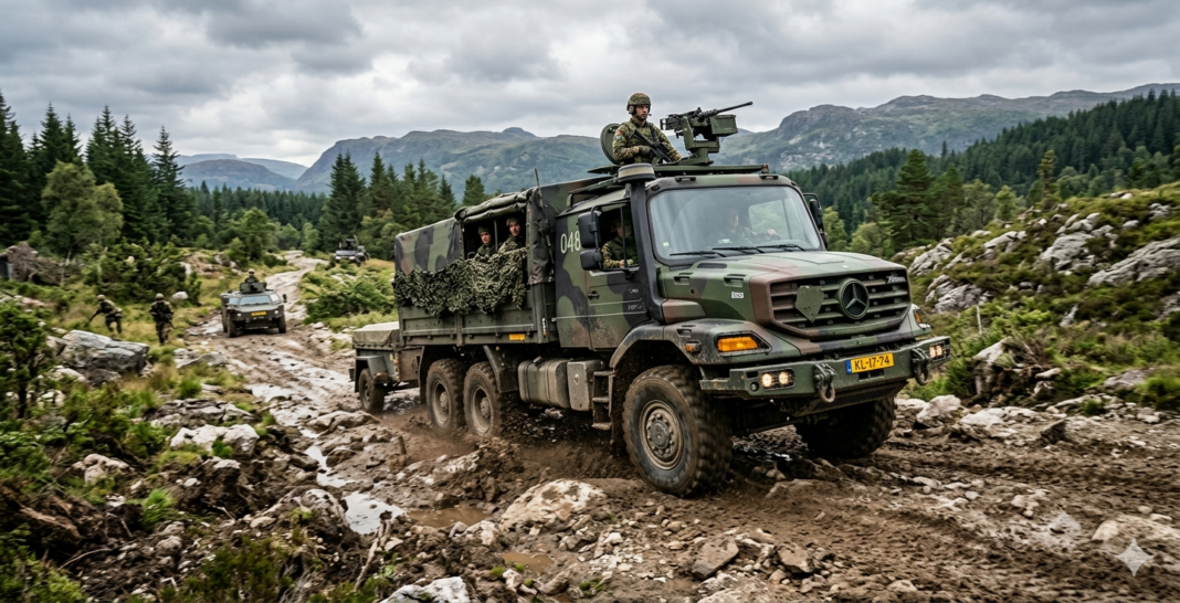 Mercedes overweegt stap naar defensie-industrie militaire vrachtwagen van Mercedes-Benz rijdt door ruw terrein tijdens een defensie-oefening.