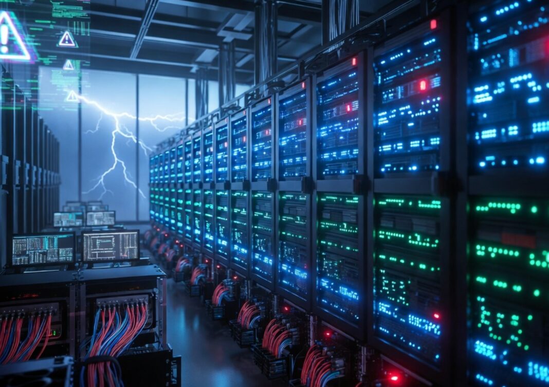Brand datacenter Almere onderstreept noodzaak digitale continuรฏteit Datacenter met serverracks als symbool voor digitale continuรฏteit en storingsrisicoโs