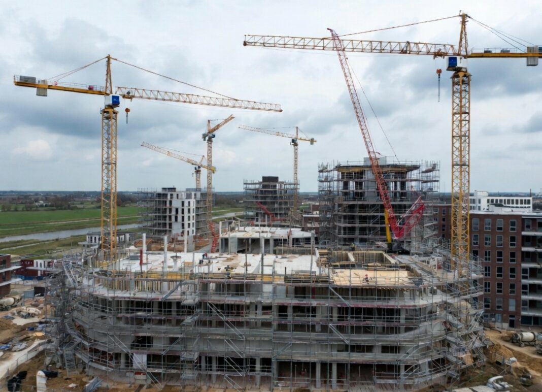 D66 wil duidelijkheid over rol pensioenfondsen bij nieuwbouw. Bouwkranen en steigers bij een groot nieuwbouwproject voor woningen in Nederland.