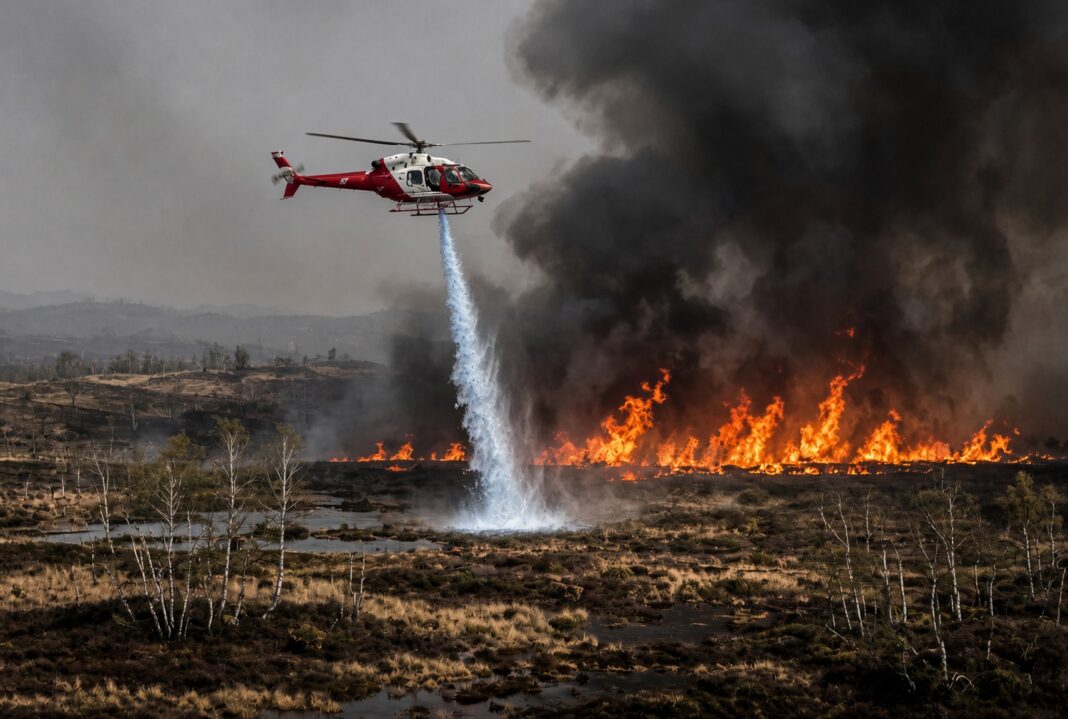 Europese luchtsteun voor gigantische bosbrand in Belgiรซ Blushelikopter bestrijdt de gigantische bosbrand in natuurgebied de Hoge Venen in Belgiรซ.