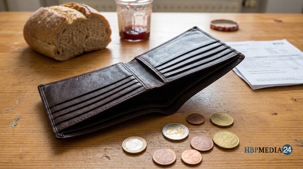 Euromunten en een lege portemonnee op een keukentafel, symbool voor armoede