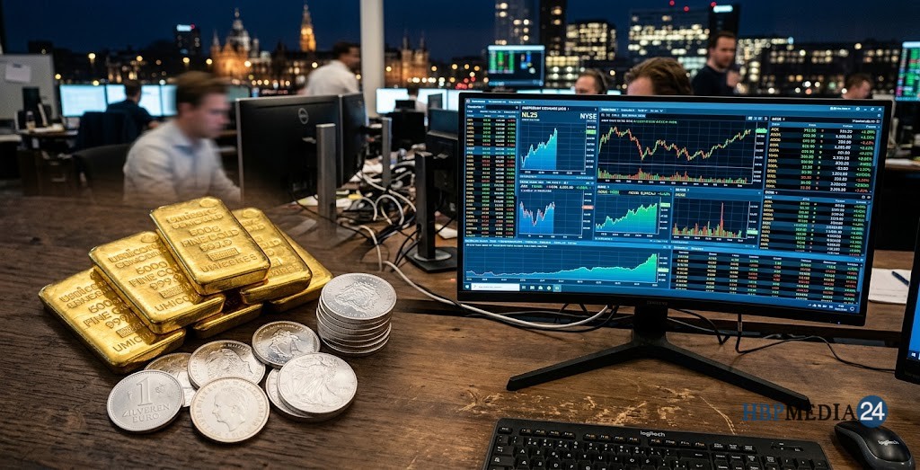 Goud stijgt sterk na ingreep Amerikaanse schatkist Goudbaren en zilveren munten naast beurskoersen op een handelsscherm