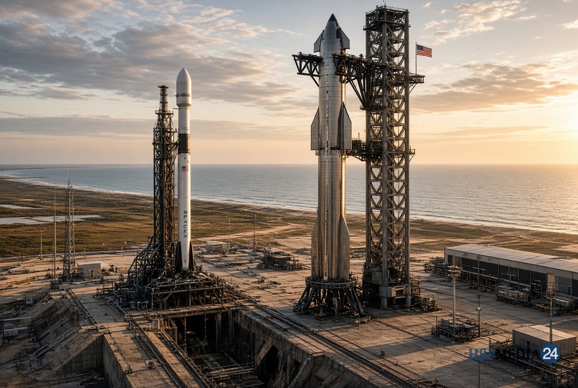 Raketten van SpaceX op een lanceerbasis.