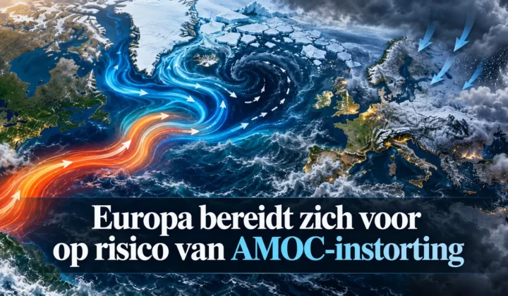 Atlantische Oceaanstroming AMOC die bij sterke verzwakking grote gevolgen kan hebben voor het Europese klimaat.