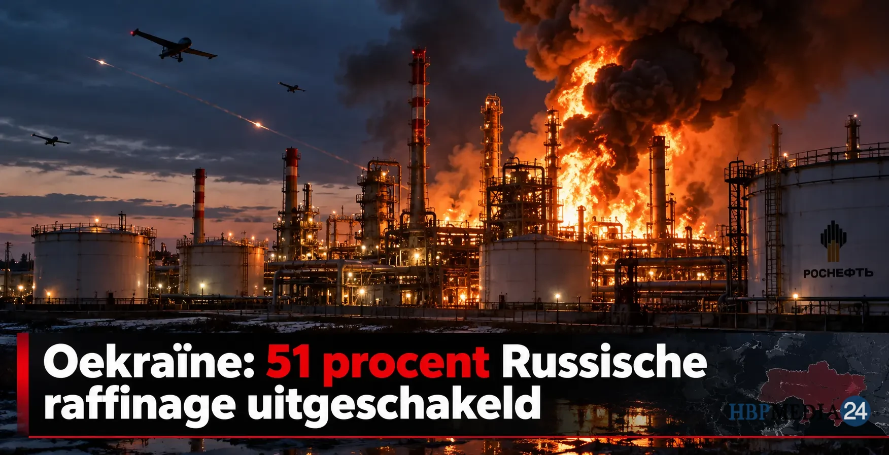 Brandende Russische olieraffinaderij na Oekraïense langeafstandsaanval