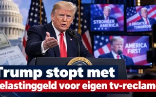 Donald Trump tijdens een bijeenkomst terwijl kritiek groeit op door belastinggeld betaalde televisiereclames
