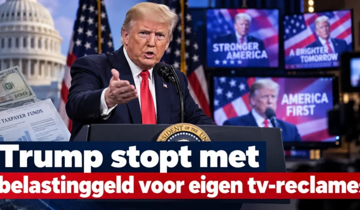 Donald Trump tijdens een bijeenkomst terwijl kritiek groeit op door belastinggeld betaalde televisiereclames