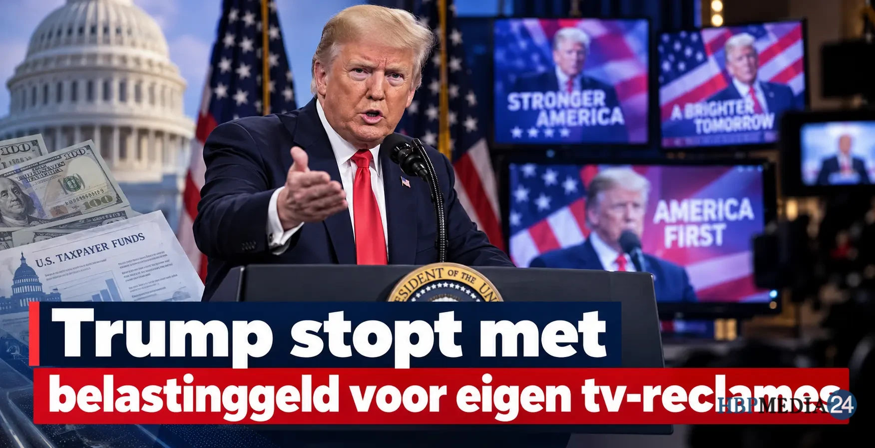 Donald Trump tijdens een bijeenkomst terwijl kritiek groeit op door belastinggeld betaalde televisiereclames