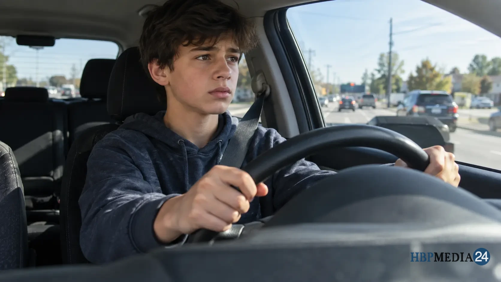 Jongere achter het stuur van een auto zonder rijbewijs tijdens een autorit