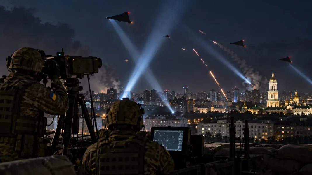Oekraรฏne worstelt met snelle Russische jetdrones Oekraรฏense luchtverdediging houdt de hemel boven Kyiv in de gaten tijdens aanvallen met Russische jetdrones.